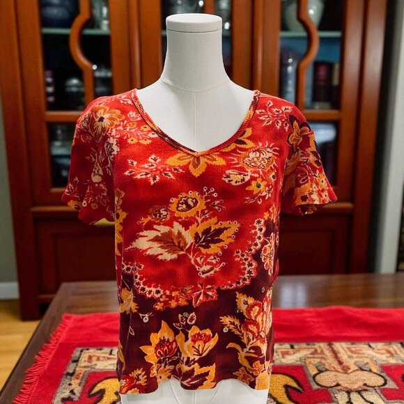 Pierre Cardin Tops - Pierre Cardin Red Floral Beaded Sequin Top Boho Y2K Vintage Festival Large